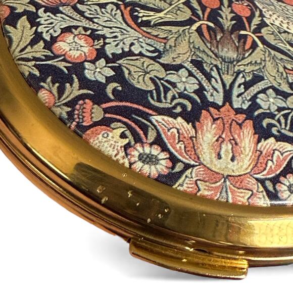 Stratton Powder Compact Mirror Strawberry Thief William Morris Gold Tone Birds - Picture 9 of 10